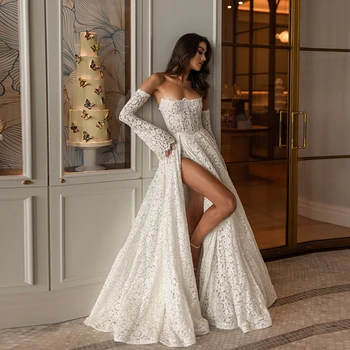 Bohemian A Line Lace Appliques Wedding Dress Detachable Long Sleeves Slit Vestidos De Novia Floor Length Robe De Mariée Custom 1