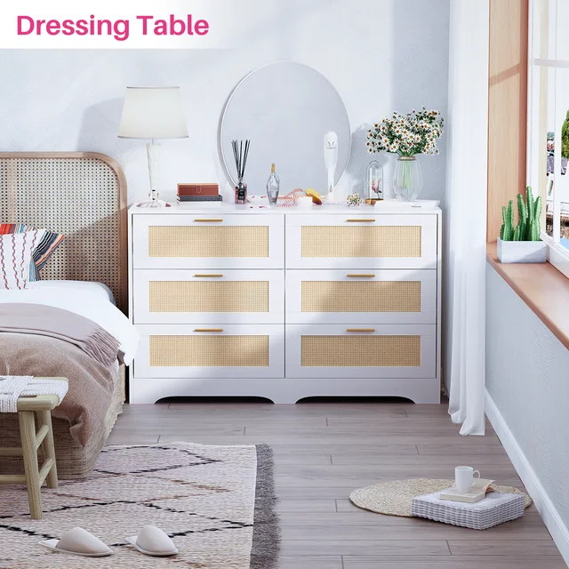 REDLIFE 47.24" Rattan Dresser with 6 Drawers ,Modern Chest Wood Storage Closet w/ Golden Handles for Bedroom Living Room Hallway