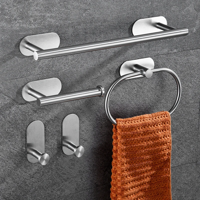 No Drilling Brushed Bathroom Accessories Sets Toilet Tissue Roll Paper Holder Towel Rack Bar Rail Ring Robe Hook Hardware Set