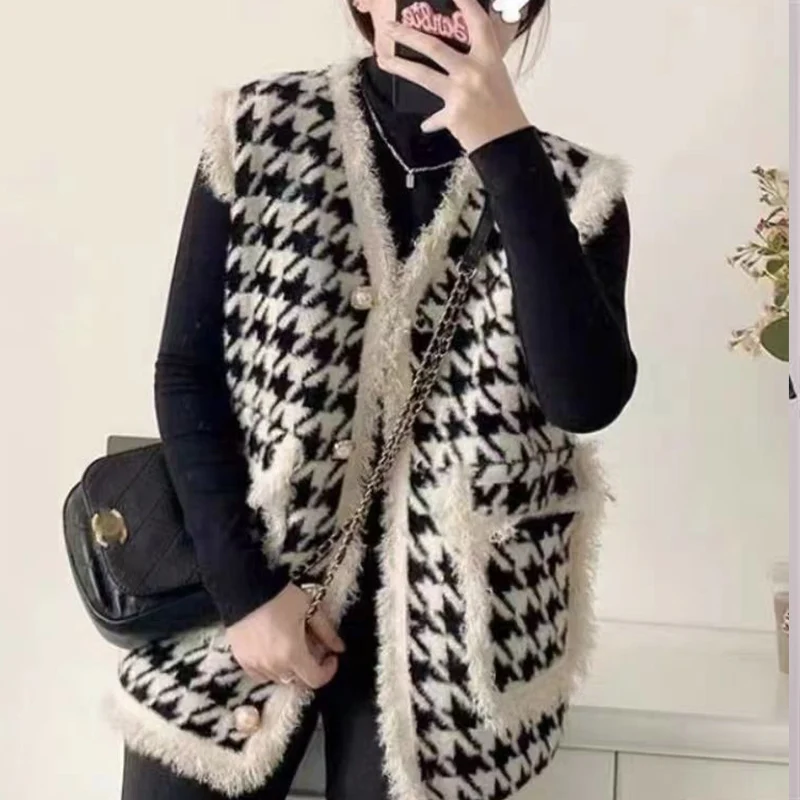 

Autumn Winter Elegant Sleeveless Button Vests Fashion Harajuku Houndstooth Tops Women Loose Casual All Match Outerwear Cardigan