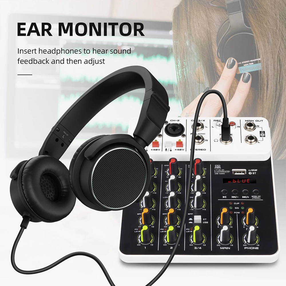 V4 V8 4/8Channels Audio Mixer Bluetooth USB 48V Phantom Power Delay Repaeat Effect For Sound Mixing Console PC Recording audio mixer