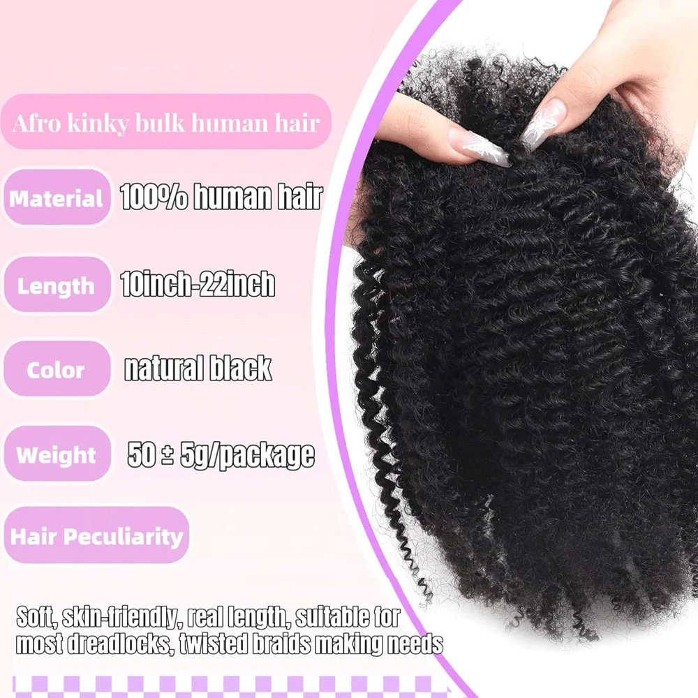 Malaysia Remy Afro kinky Curly Bulk Human Hair For Braiding Dreadlock Extension Loc Repair Twist 50g/pc Natural Braids Hair human hair extensions human hair for braiding