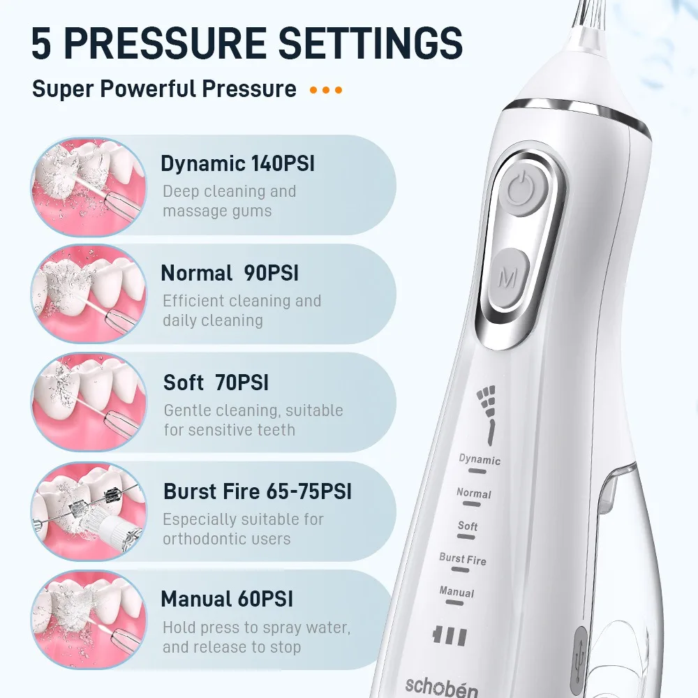 Dental Floss Portable Cordless Oral Irrigator 3 Cleaning Modes Waterproof Rechargeable Dental Cleaner 4 Nozzles Clean Gums