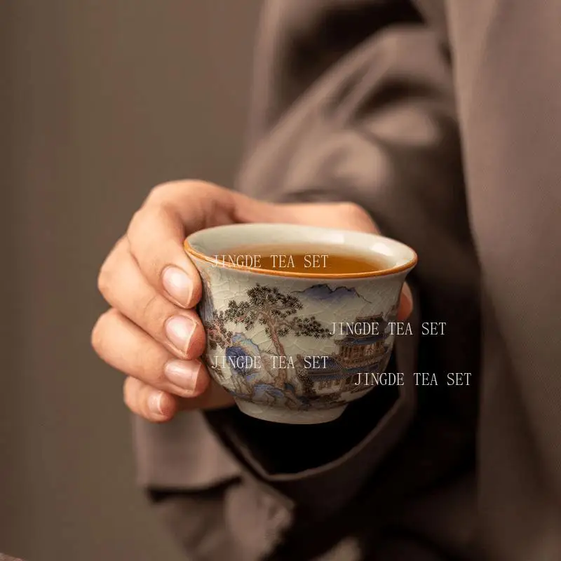 Ceramic Teacup Ru Kiln Embroidered River and Mountain Tea Cup Chinese Household High-end Master Cup Tea Set Drinking Utensils