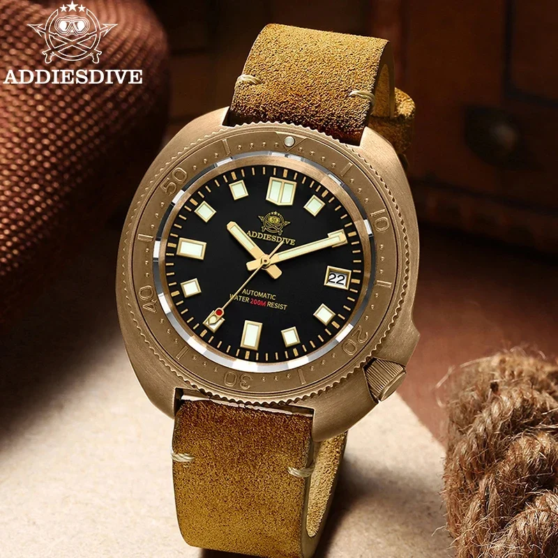 ADDIESDIVE CUSN8 Bronze Case Automatic Mechanical Watch NH35A Sapphire 20Bar Diving WristWatch Vintage Leather Luminous Watches