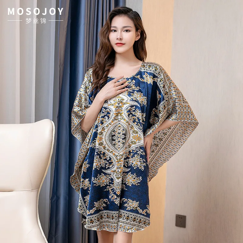 Lake Blue Chinese Women Silk Rayon Robe Dress Sexy Summer Printed Floral Nightwear Kimono Bath Gown Flowers One Size