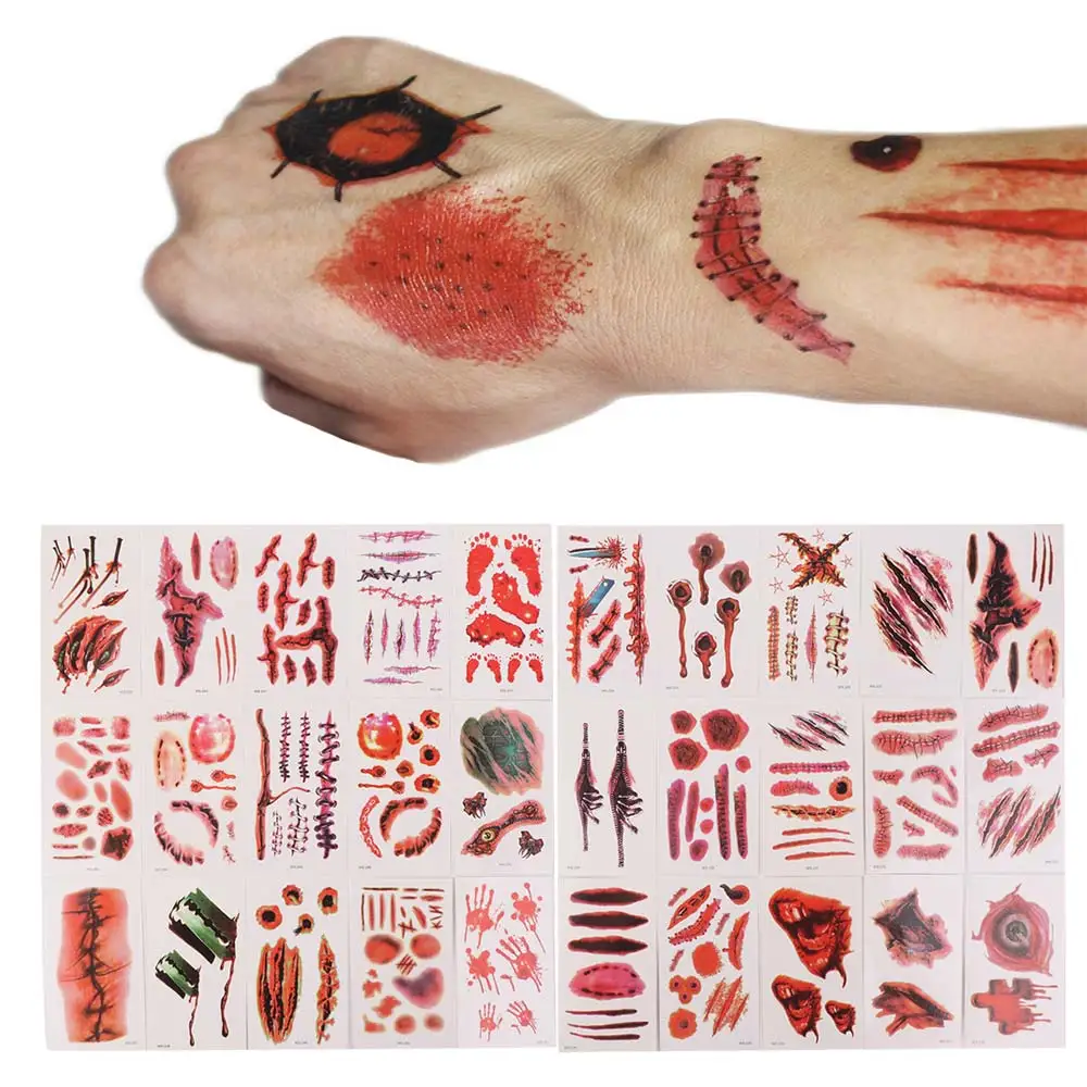 30Sheets Big Mouth Halloween Tattoo Stickers Waterproof Zombie Scar Tattoo Eye Decals Bloody Makeup Body Art Stickers Halloween
