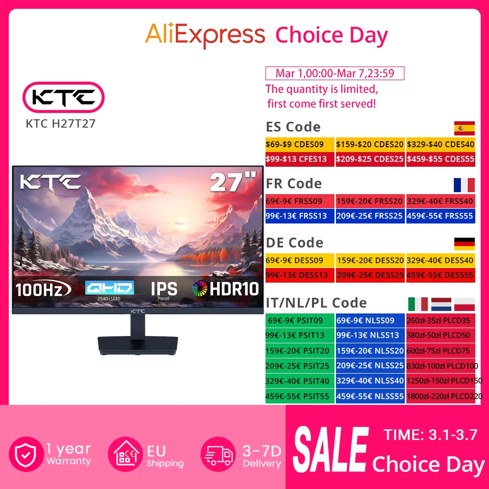 KTC H27T27 27-calowy monitor do gier QHD 100 Hz 2560x1440 IPS z EU za $101.99 / ~373zł