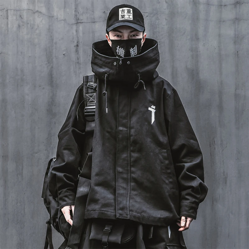 Spring trend functional wind high collar coat loose hooded work jacket Men's clothes Harajuku Hiphop Safari Style outer garment 2