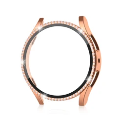Elegant Diamond Protective Bling Case with Tempered Glass Screen Protector for Galaxy Watch7 40mm (Rose gold)