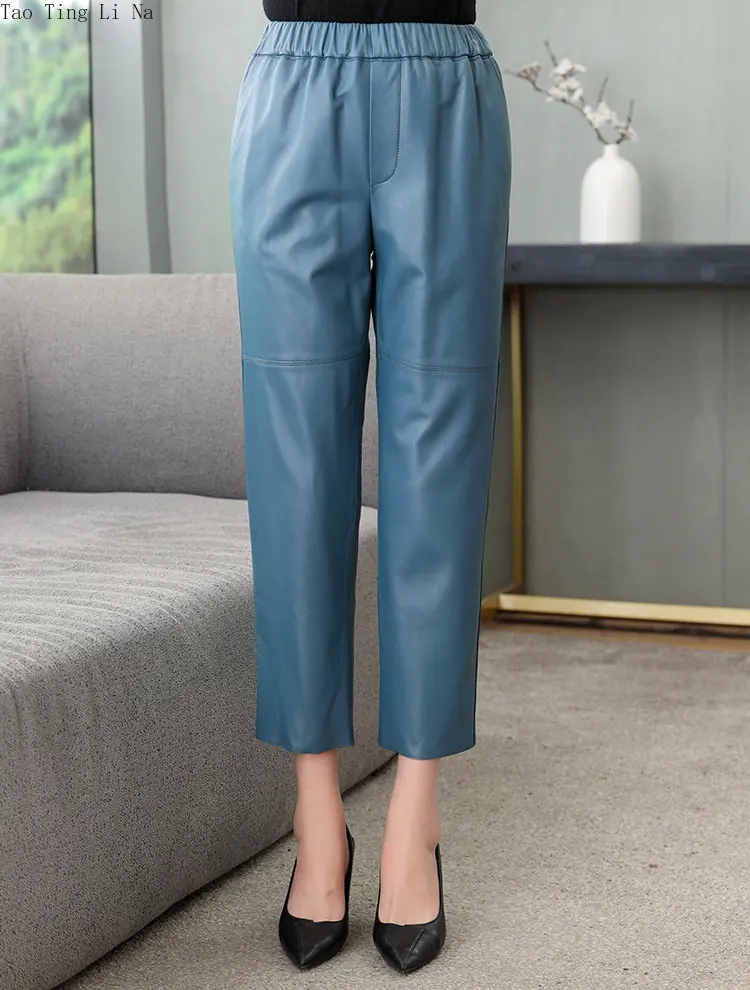 2023 Women New Autumn and Winter High Waist Real Leather Casual Elastic Waist Pencil Pants G2