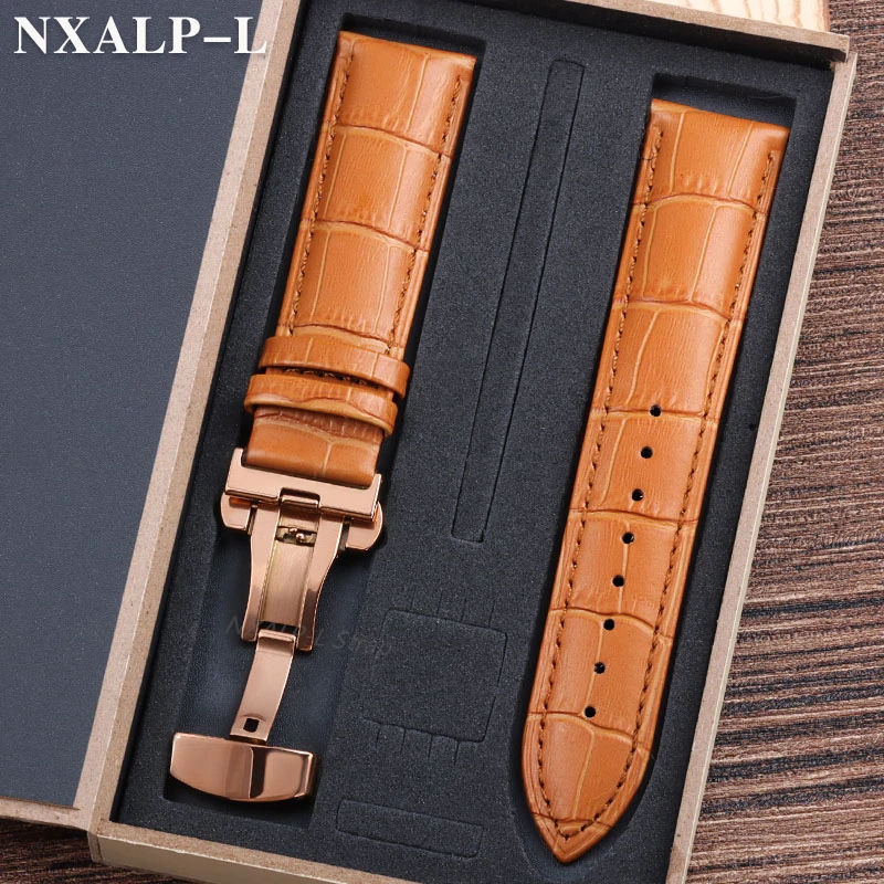 Luxurious Genuine Leather Watch Strap with Elegant Butterfly Clasp and Wooden Gift Box