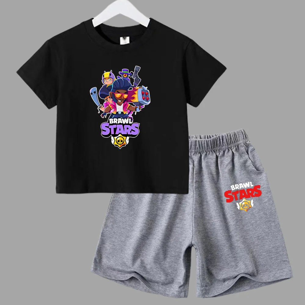thumbnail image 1 of Conjunto de 2 piezas de camiseta de manga corta y pantalones cortos con estampado de anime de verano para niños y niñas, ropa informal de cuello redondo, 1 of 5