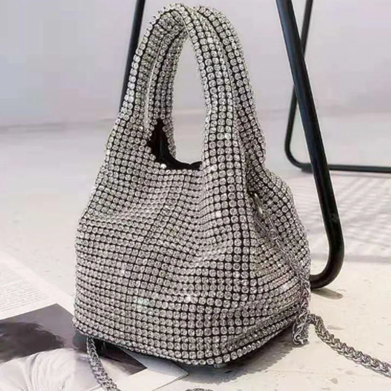 

Luxury Diamonds Bucket Bag Designer Brand Women Handbags Shinny Rhinestone Mesh Shoulder Crossbody Bags Evening Party Purse