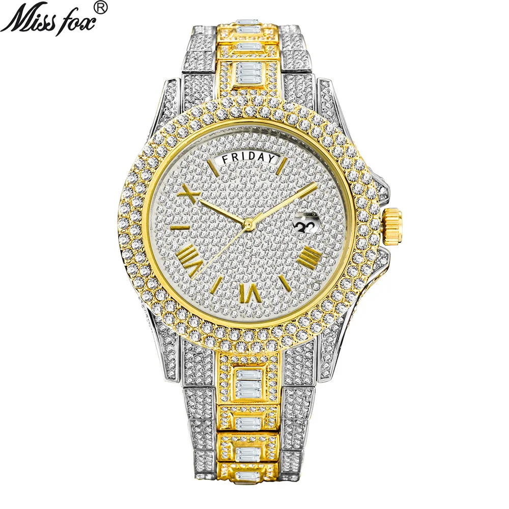 

MISSFOX Quartz Mens Watch HipHop Diamond Fashion Dual Calendar Watches Men Waterproof Luxury Gold Calendar Relogio Masculino