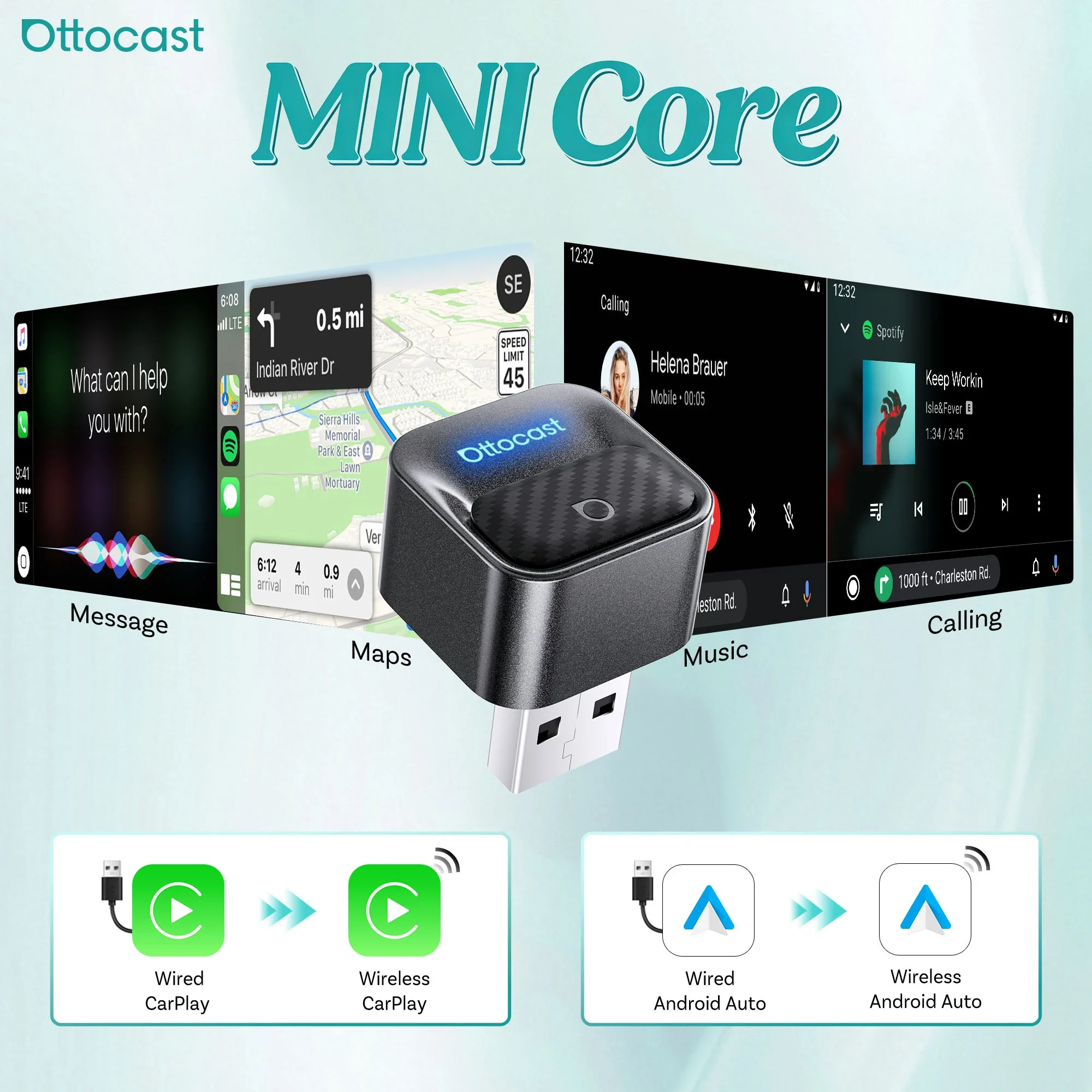 Ottocast 2026 Mini Core Kabelloser CarPlay Android Auto Adapter 2-in-1 3.0 Cube Dongle Auto-Zubehör für Kia Benz VW Toyota MG