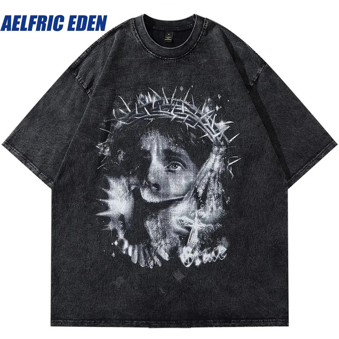 

Aelfric Eden Jesus Print Washed Oversized Tshirt Vintage T Shirt Hip Hop Harajuku Punk Gothic Cotton Casual Short Sleeve Tee Top