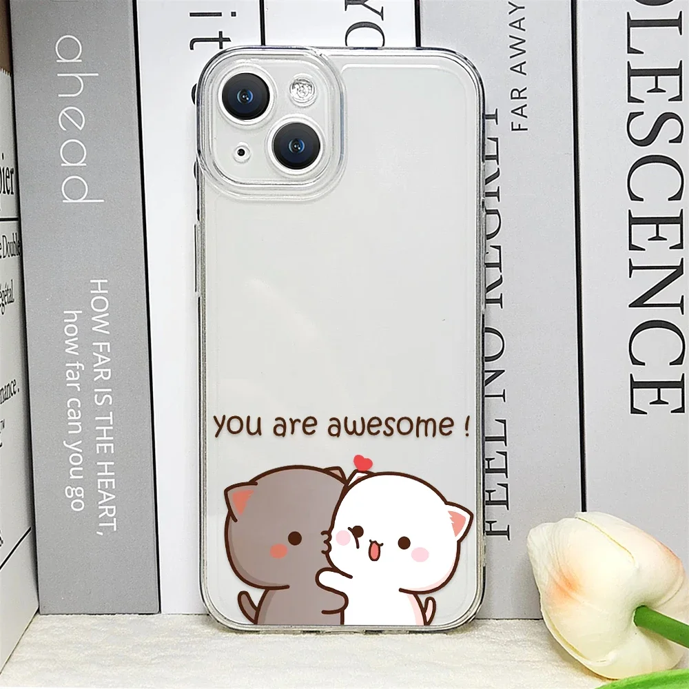 Cartoon Peach Mochi Cat Couple Transparent Soft Phone Case