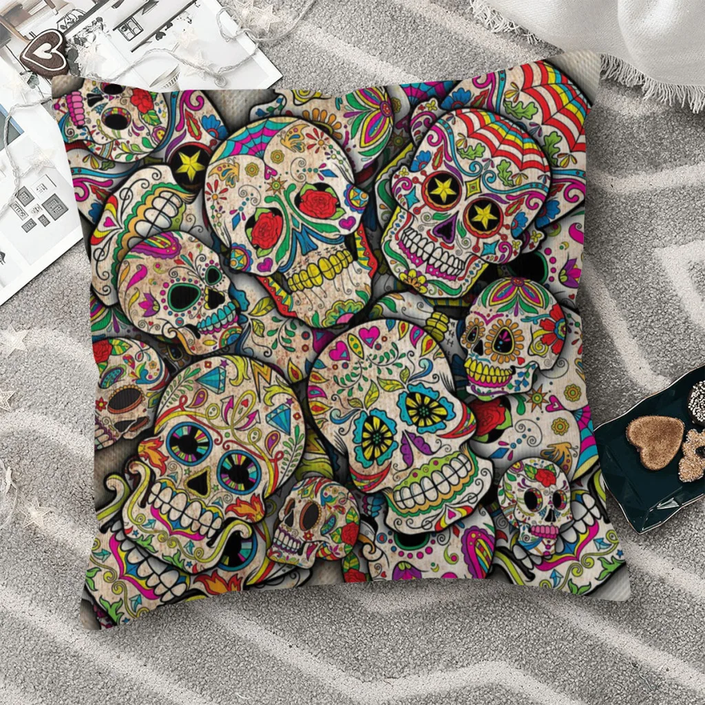 

Collage Polyester Cushion Cover Sugar Skull Home Office Decorative Kawaii Pillow Cover