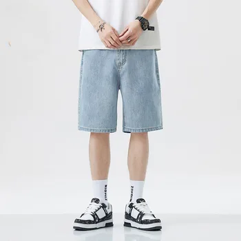 2025 new summer shorts jeans men's elastic deep blue fashionable design jeans slim fit straight leg men's short denim 1