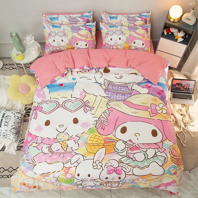 

Sanrio Kawaii Four-piece Set My Melody Cinnamoroll Kuromi Children Bed Sheet Quilt Cover Two Pillowcases Sleep Comfortably
