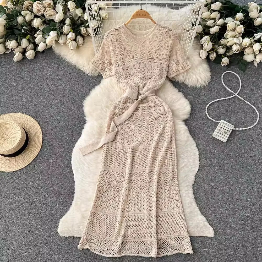 

Women's Spring Summer Short Sleeve Hollow Out Knitted Dress Female High Waist Chic Party A-line Vacation Beach Dress TB1602