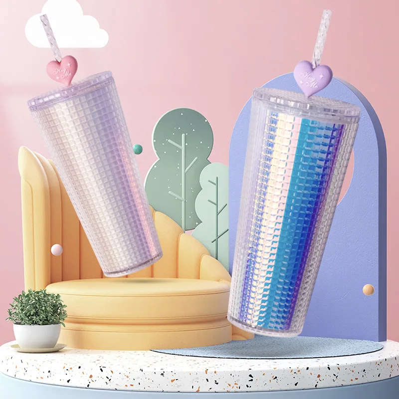 

Diamond Water Bottle Gradient Straw Cup with Lid Summer Cold Tumbler with Straw Double Layer Plastic Coffee Mug Cups Drinkware