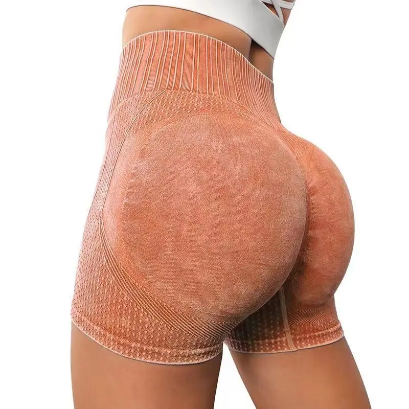 Summer European American Style Water Wash Frosted Yoga Shorts Solid Peach Hip Sport Fitness Elastic High Waist Tight Short Pants