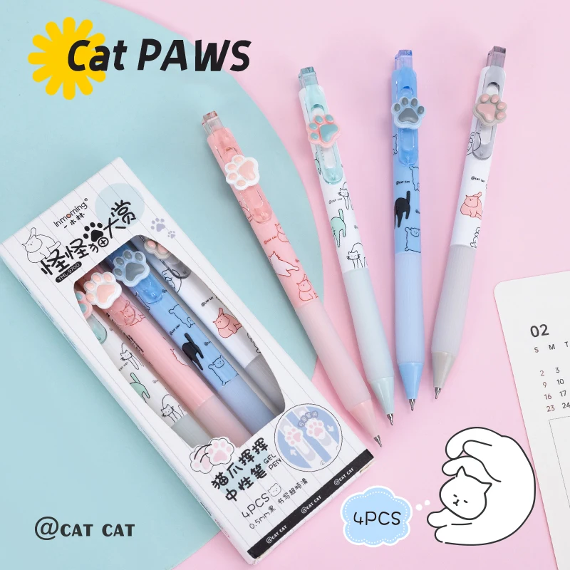 4 Pcs/Set Creative Cat Cartoon Gel Pen Cute School Student 0.5mm Black Smooth Writing Ink Pens Office Signature Stationery