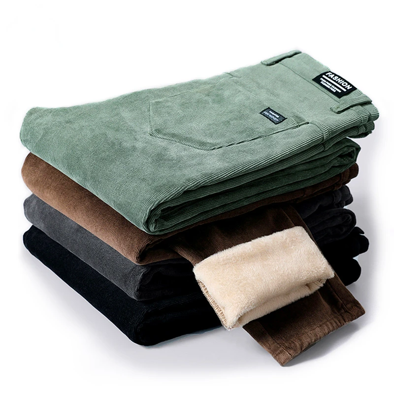 

Brand Clothing Winter Men's Warm Corduroy Pants Fashion Thick Fleece Slim Office Cotton Cashmere Trousers Male Plus Size 28-38