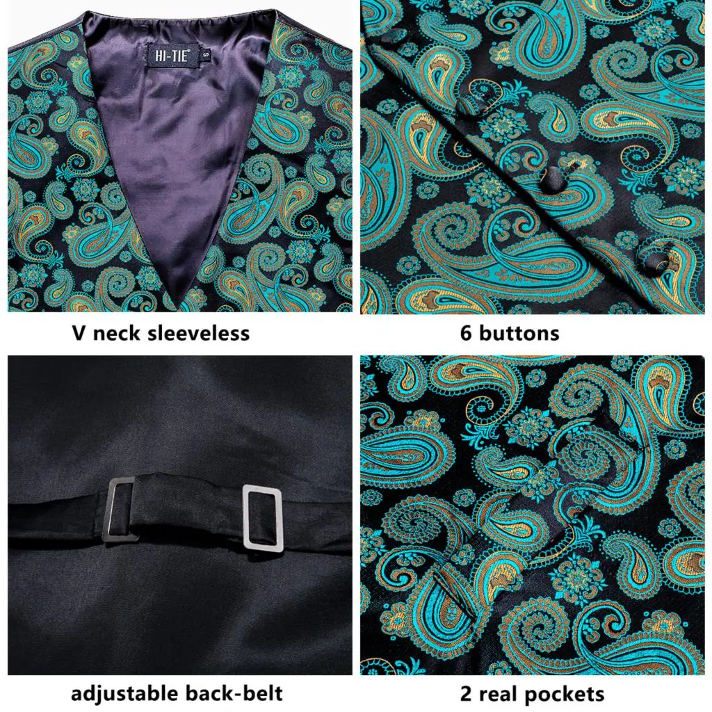 Hi-Tie Silk Paisley Mens Vest Hanky Cufflinks Set Same Pattern Orange Brown Purple Teal Waistcoat Jacket for Wedding Office Gift
