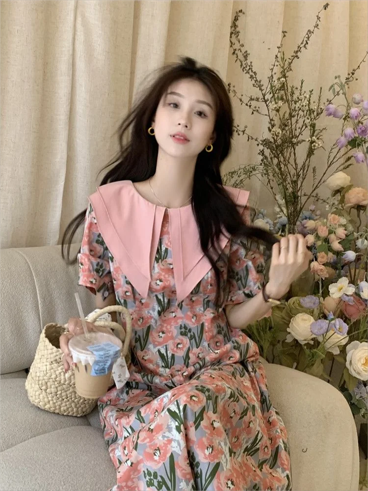 

Double doll navy collar dress summer new fashion temperament mid-length floral first love dress