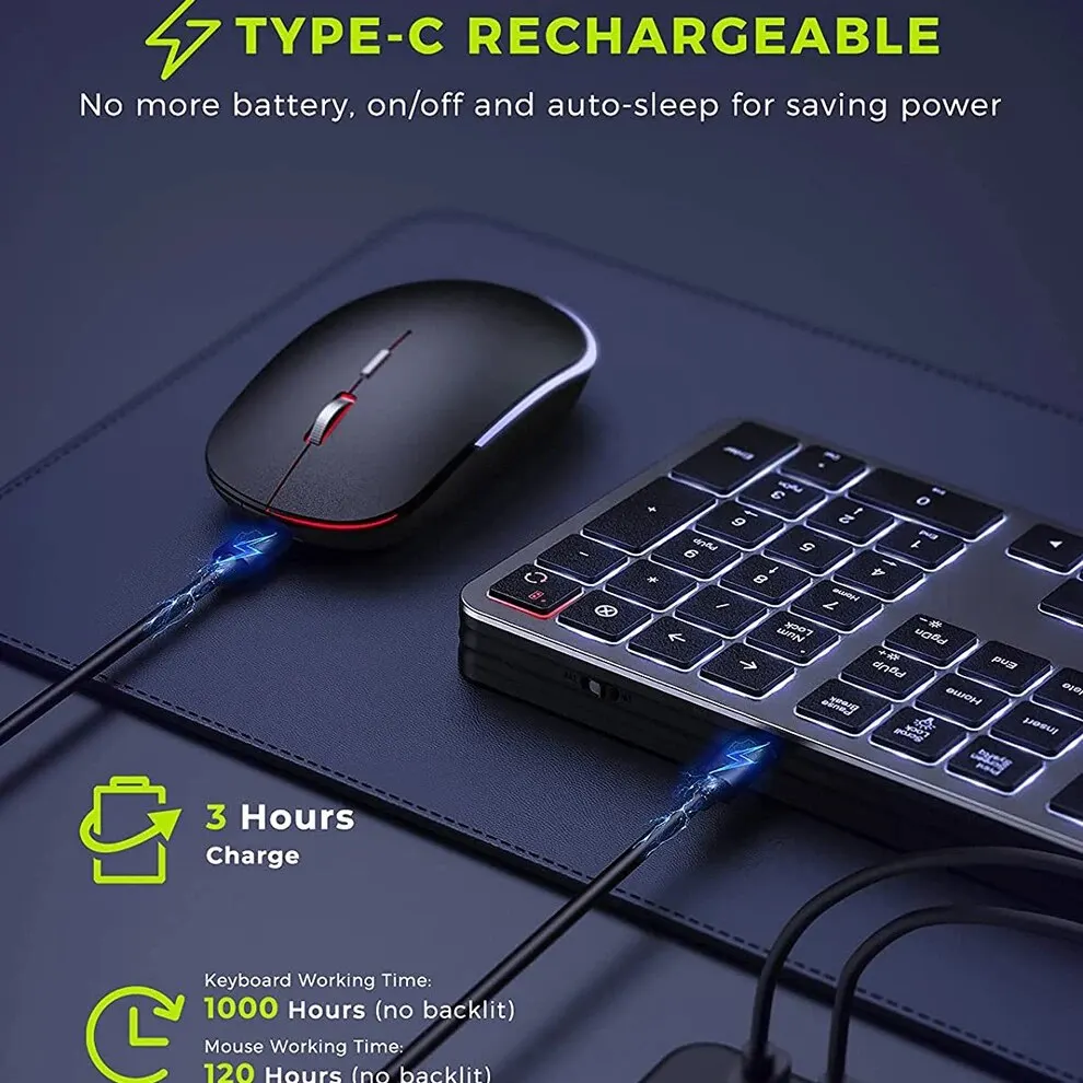 Wireless Ultra Slim Full Size Keyboard and Mouse Combo Rechargeable 2.4G USB Cordless Illuminated keyboard and mouse set