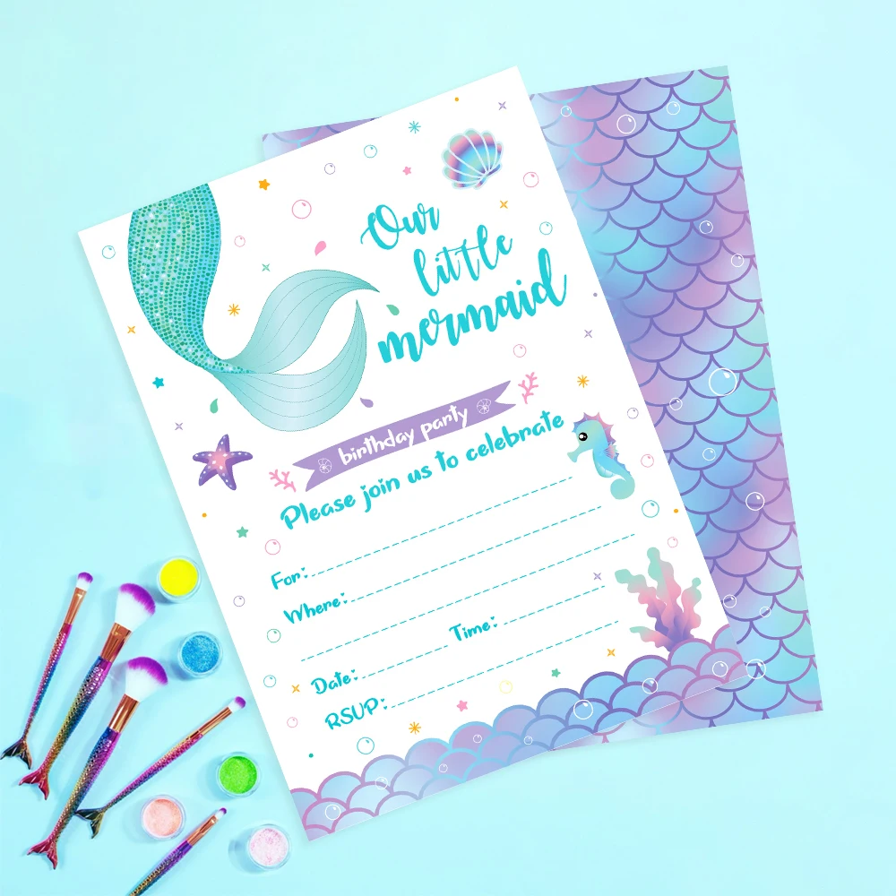 10X Cartoon Mermaid Shell Invitation Letter Girls Wedding Birthday Party Single Page Greeting Cards Baby Shower Party Decoration