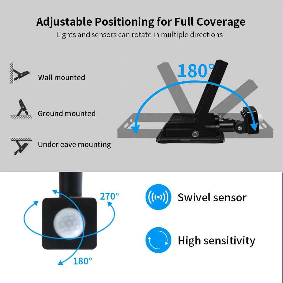 LED PIR Motion Sensor Floodlight Wall Light White LED Light Waterproof 100W 50W 30W 20W 10W LED Spotlight Outdoor For Garden