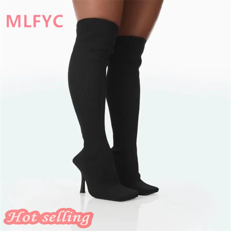 Knee length boots for women's autumn and winter new large knitted sexy high heel sleeve elastic boots and socks boots