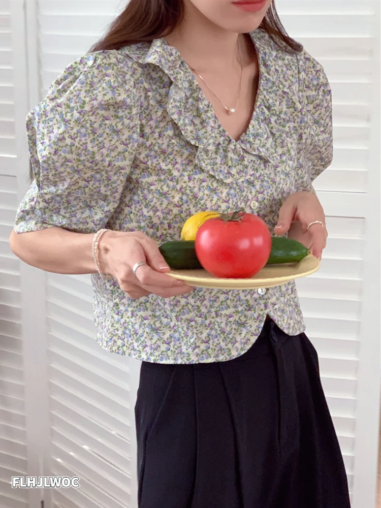 

2021 женские, летние, корейский стиль, с баской, с рукавами-фонариками, с цветочным принтом