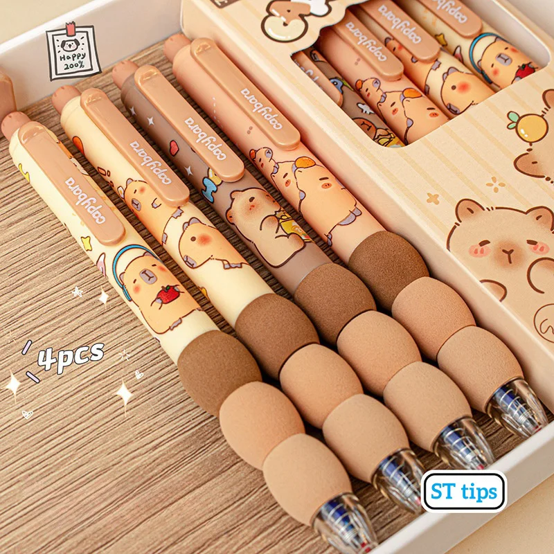Cute Cartoon Capybara Retractable Erasable Gel Pens 4Pcs 0.5mm ST Nibs Blue Ink Refillable Writing Supplies