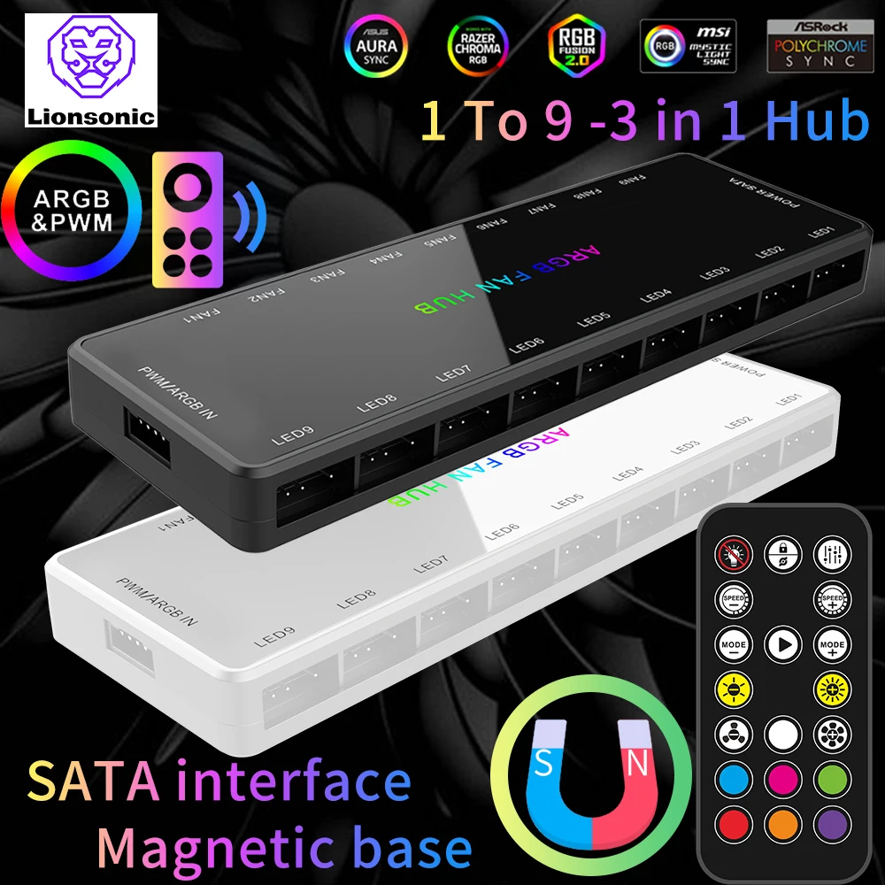 ARGB Fan Hub met controller en verborgen magnetische sokkel, 5 V 3-pins ARGB 12V 4PIN PWM RGB behuizing ventilator hub voor PC, 2-in-1 ventilator en lichtbeheer
