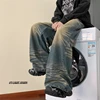 Fashion Blue Tie-dye Wide-leg Jeans Men Distressed Baggy Straight Denim Pants Men High Street Jean Pants Mopping Trousers 1