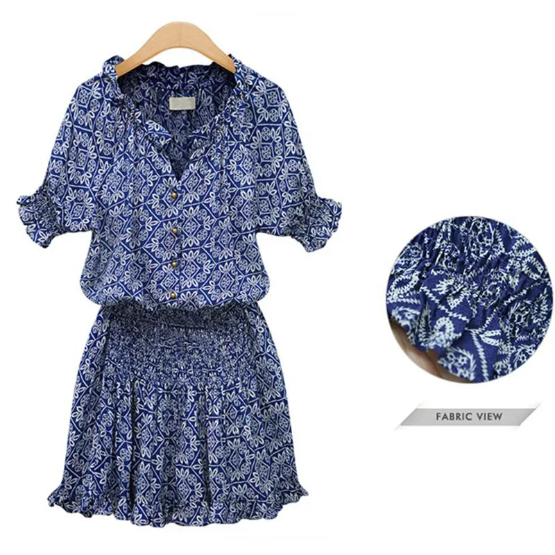 New Summer Fashion New Trend Short sleeved Printed Leisure Comfortable Versatile V-neck Dress for Women
