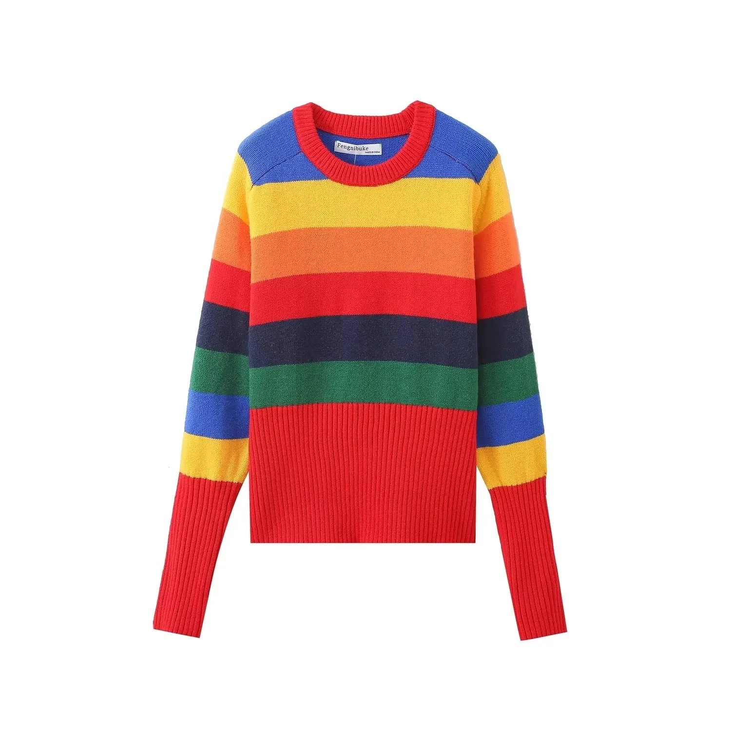 

TRAF Multicolor Striped Sweater Women Fashion Long Sleeve Short Sweater Top Casual Woman Clothing Chic O-neck Slim Knit Pullover