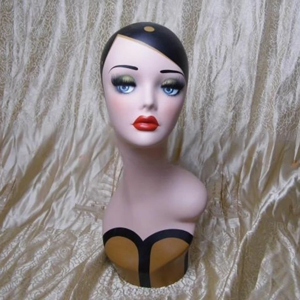 

Female Mannequin Head Women Human Hair Wigs Salon Vintage Style Model Hat Accessory Earring Glasses Necklace Display
