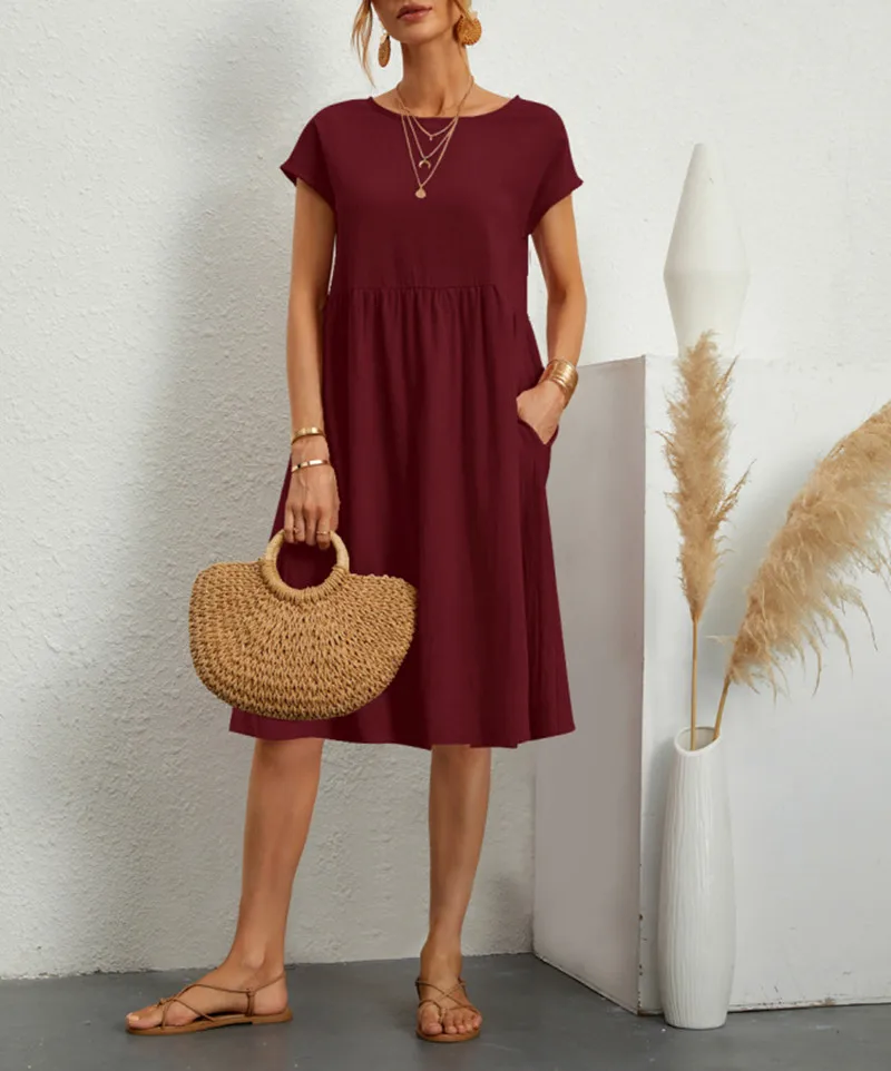 

Woman Loose Dress Fashion Summer Solid Color Female Short Sleeve Round Neck Comfortable Elegant Dresses