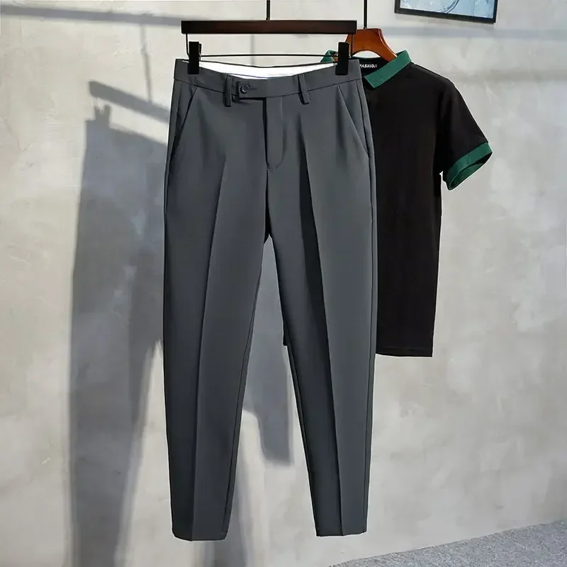 thumbnail image 1 of 9 Pantalones de verano recortados para hombre, pantalones de traje ajustados y trenzados, pantalones rectos, novedad en ropa de diseñador, sastrería, oferta de moda, 1 of 5