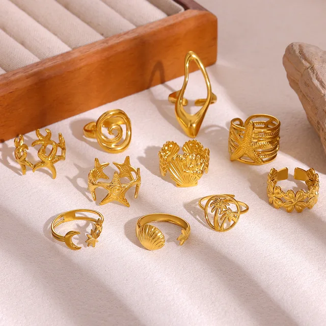 Bagues ouvertes dorées style plage d'été en acier inoxydable, motifs étoile de mer, coquillage, palmier, bijoux étanches pour femmes