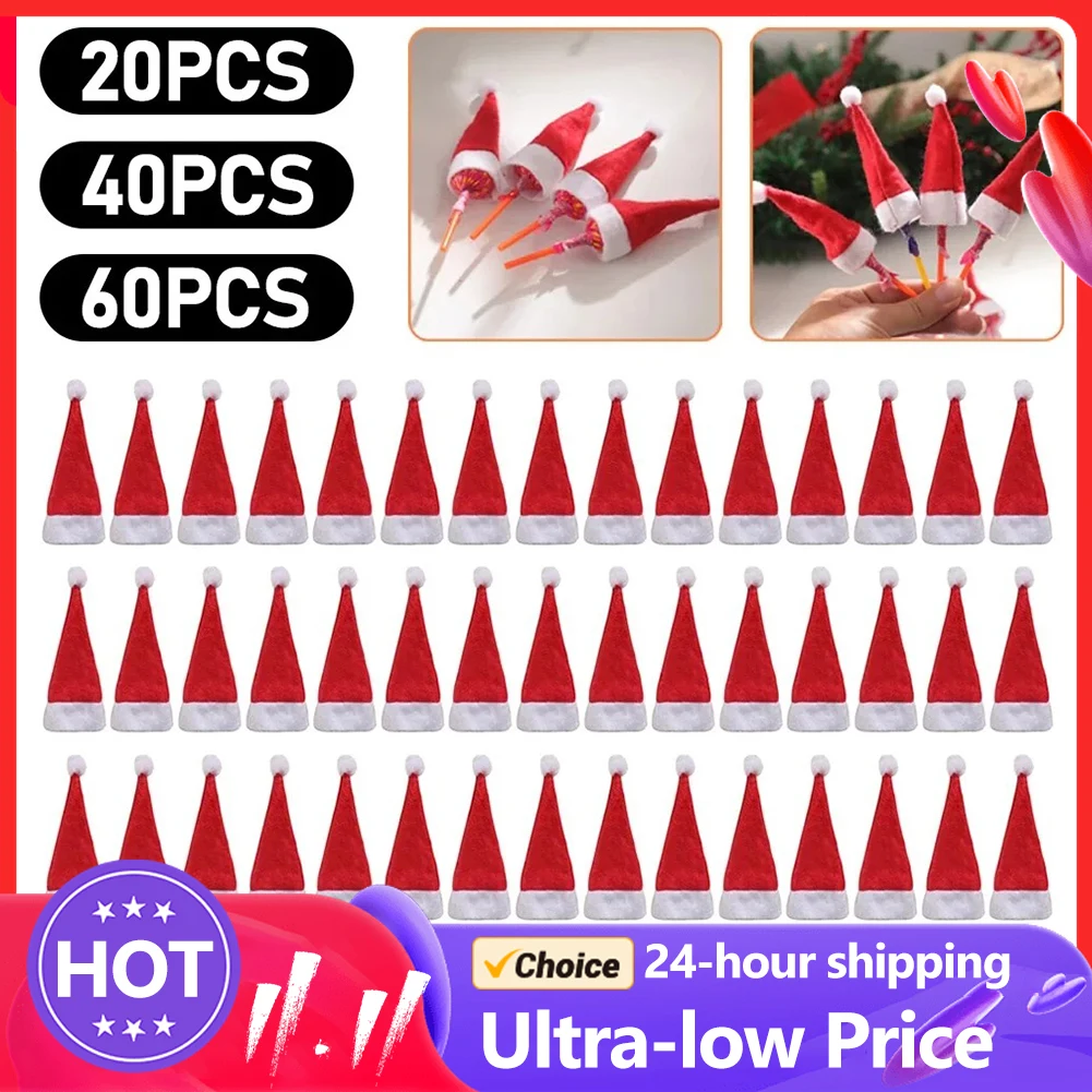 20-60PCS Santa Claus Hat Christmas Lollipop Hat Christmas Candy Cover Mini Hats Noel Decorations for Party New Year