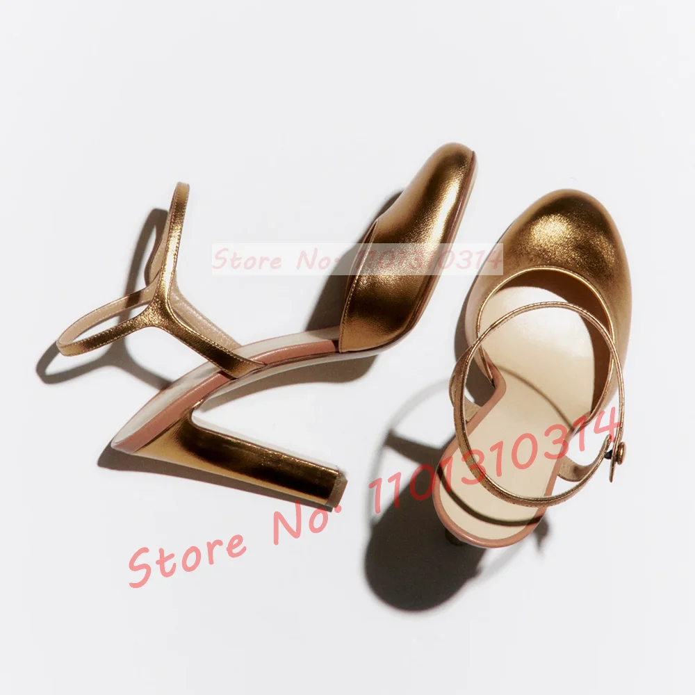 

Lovely Round Toe Block Heel Sandals Women Casual Party Nude Gold Metallic High Heels Ladies Nifty Luxury Ankle Strap Solid Shoes