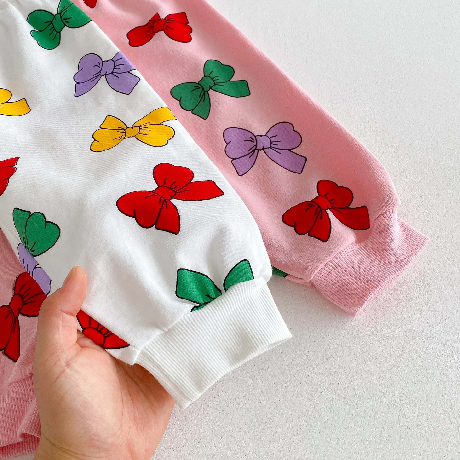 Cotton Kids Hoodie Set Colorful Bow Print Girls Clothing