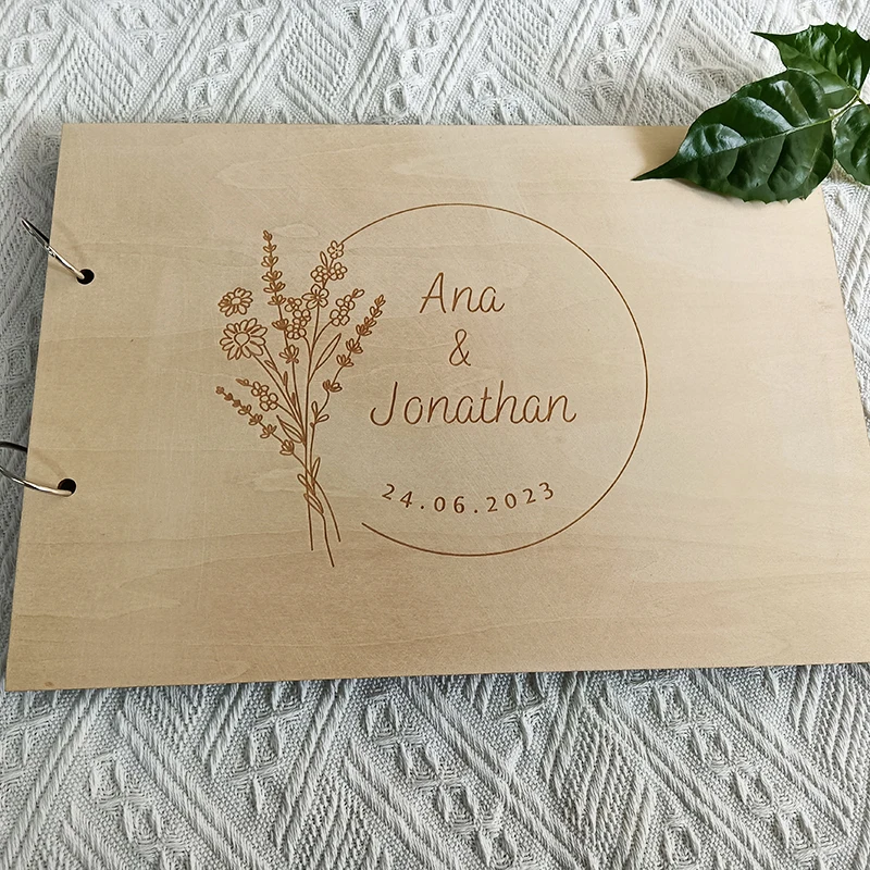 Wedding Guest Book Personalized Name And Date Calligraphy Guest Book Laser Engraved Wedding Guest Book Rustic Floral Wooden Sign-in Book